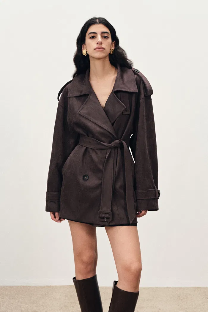 Nellie Large Lapel Short Trench Coat in Faux Suede