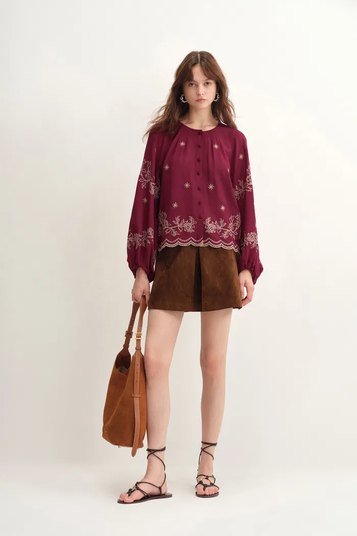 Aria Eyelet Embroidery Long Sleeve Blouse in Tencel-Linen Blend