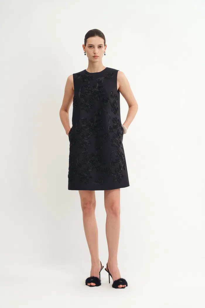 Zhen Ribbon Embroidery Short Sleeveless Dress in Silk-Wool Satin