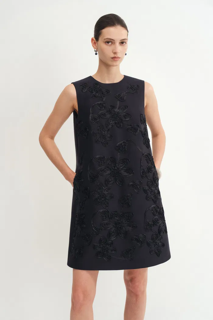 Zhen Ribbon Embroidery Short Sleeveless Dress in Silk-Wool Satin