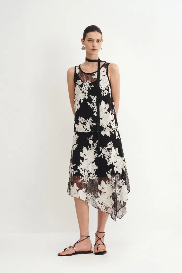 Esme Two-Piece Layering Floral Sleeveless Dress in Embroidered Lace