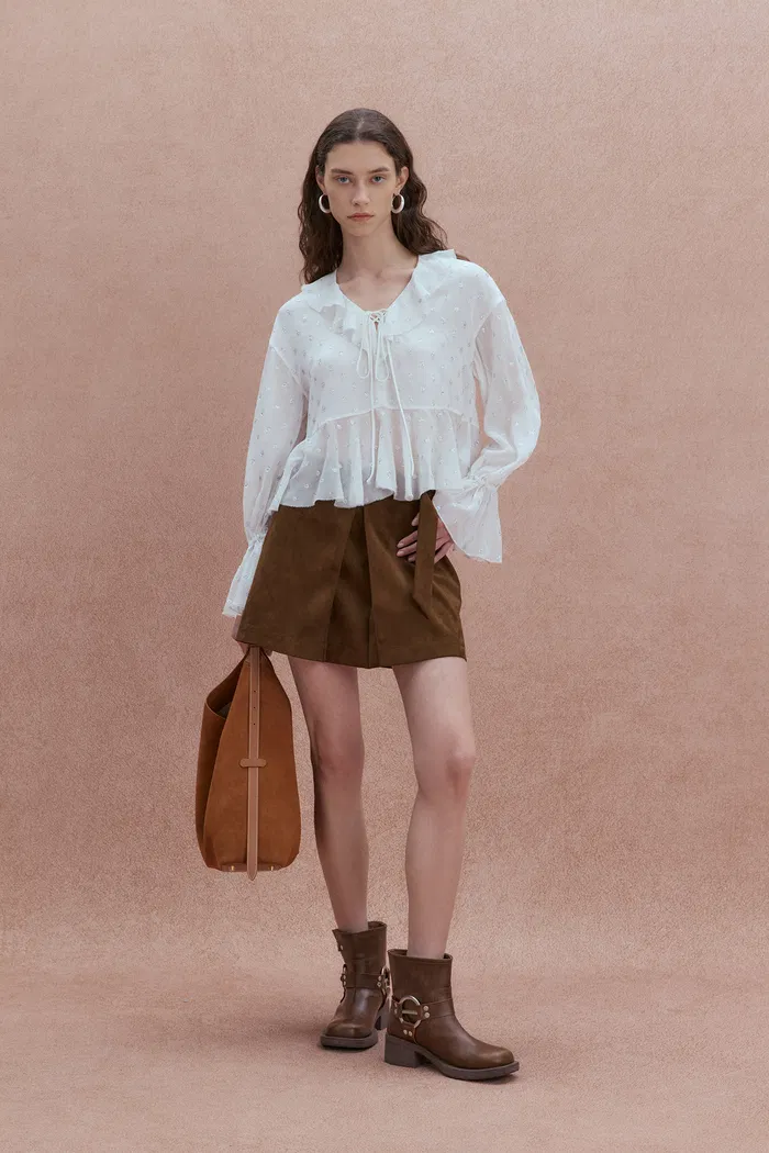 Louise Metallic Dots Ruffled Blouse in Mulberry Silk
