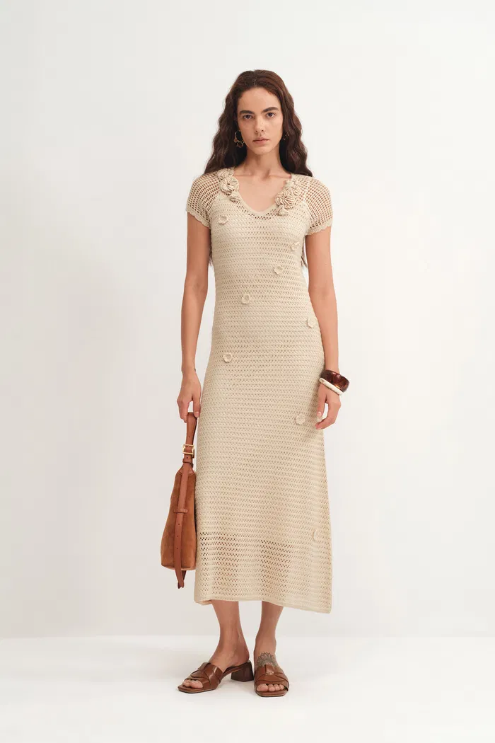 Arali Hand Crocheted Floral Applique Dress in Lyocell Cashmere