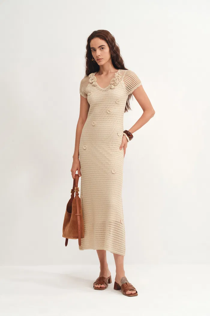 Arali Hand Crocheted Floral Applique Dress in Lyocell Cashmere