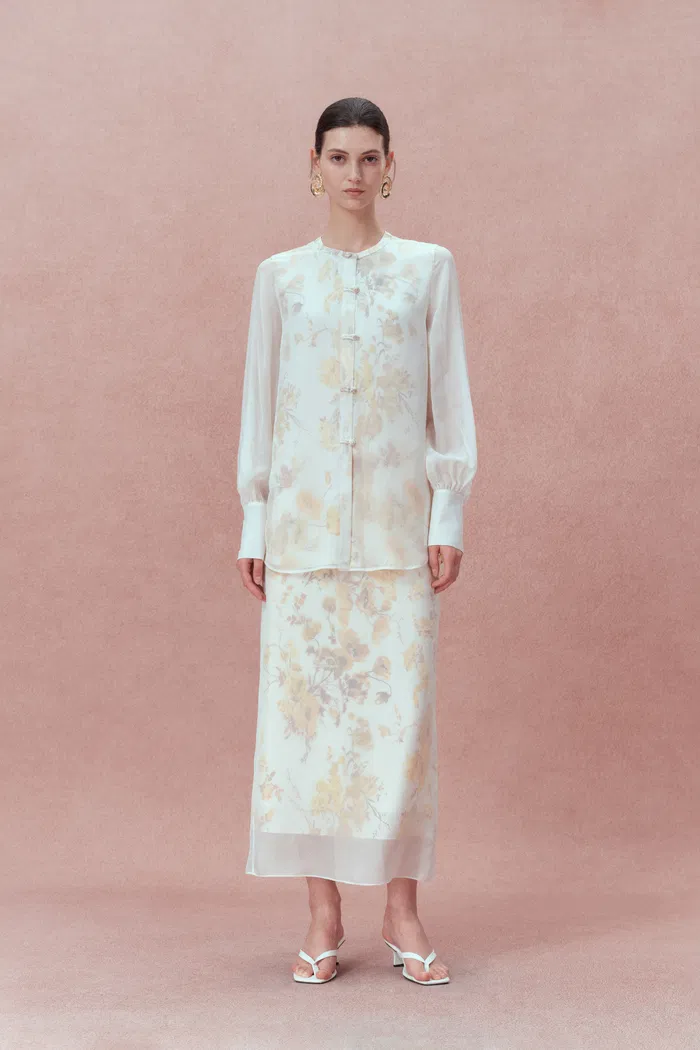 Aniyah Hand Painted Poppies Blouse and Skirt Matching Set in Double-Layer Silk