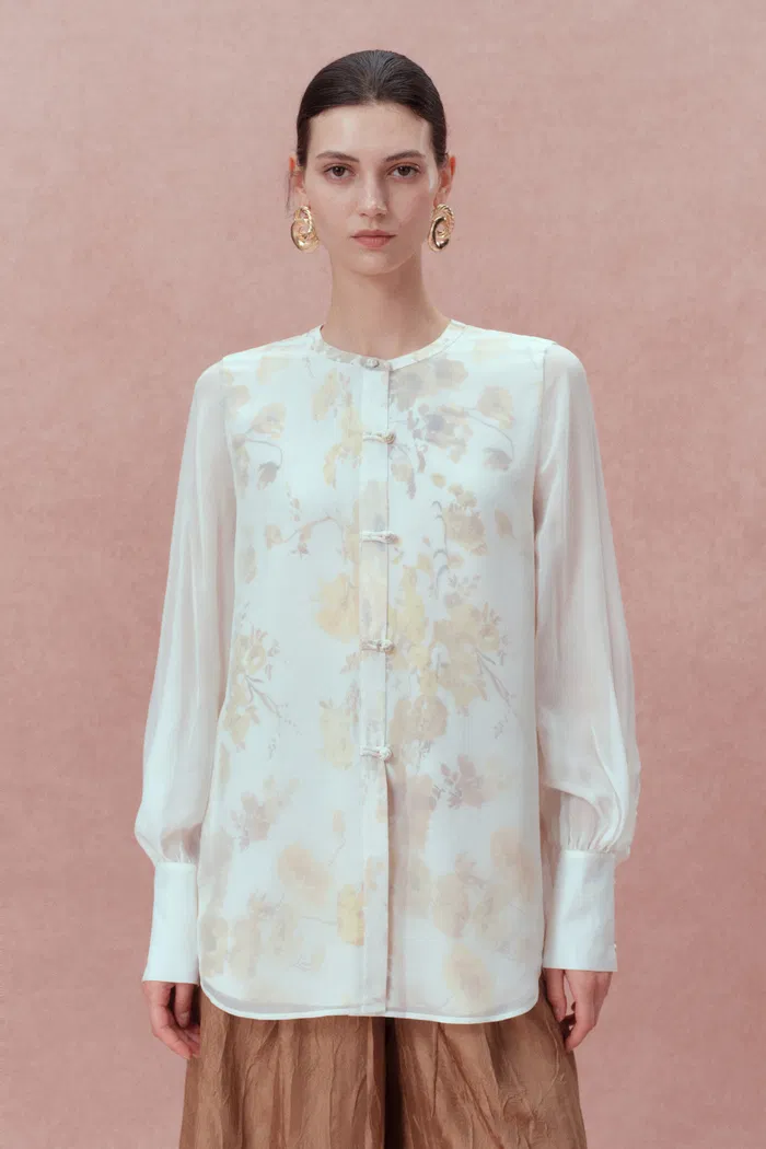 Aniyah Hand Painted Poppies Blouse and Skirt Matching Set in Double-Layer Silk