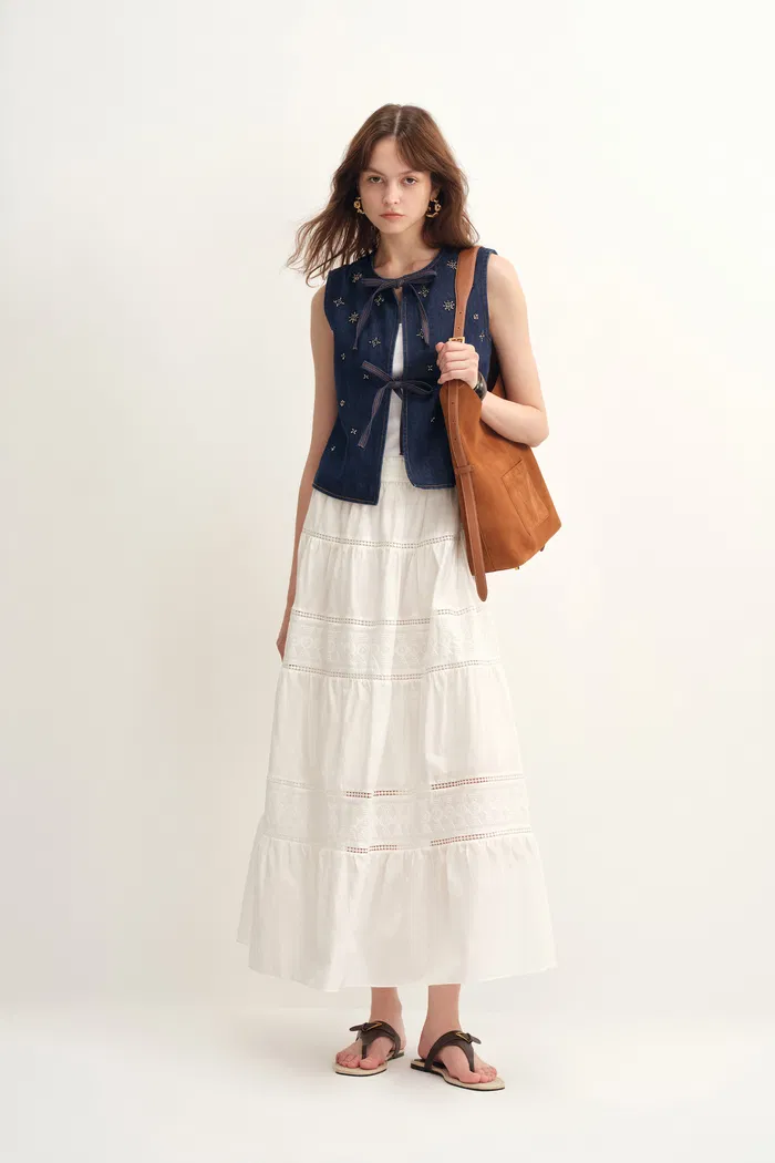Mira Hand Beaded Star Embellished Sleeveless Top in Lyocell Denim