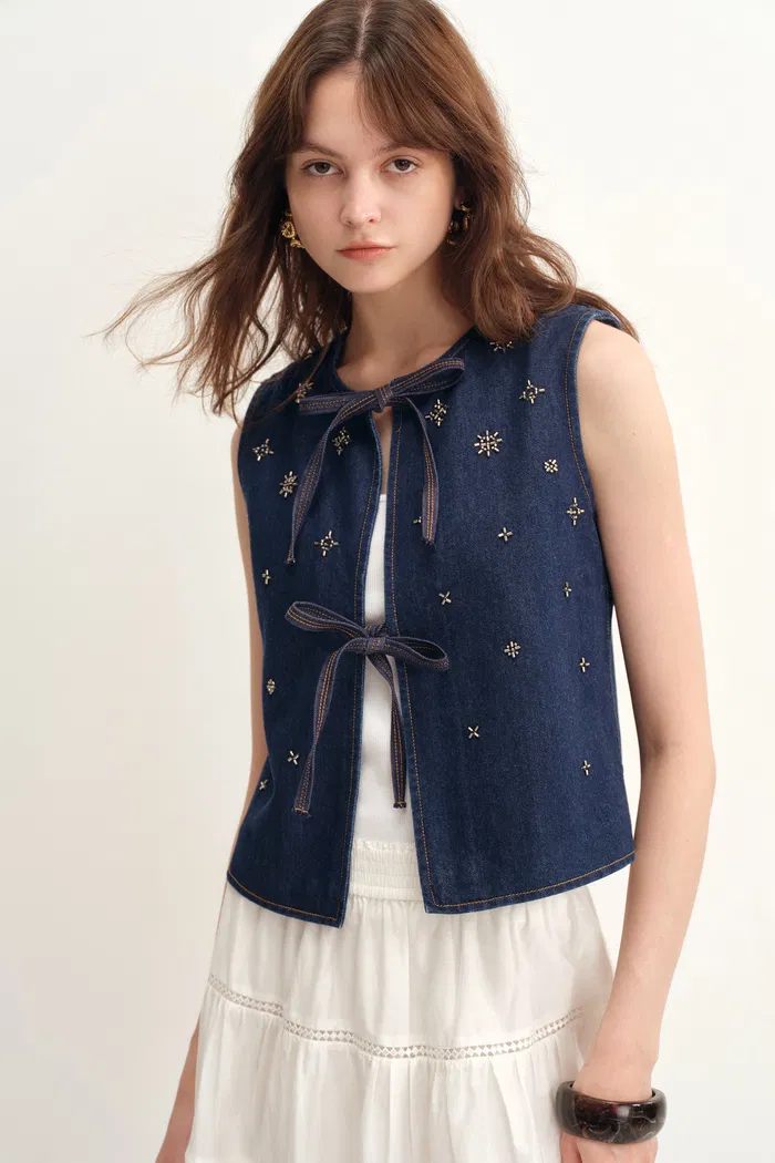 Mira Hand Beaded Star Embellished Sleeveless Top in Lyocell Denim