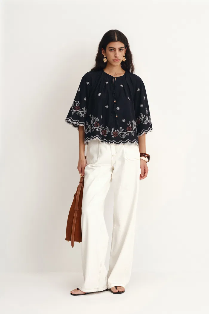 Thea Embroidered Scalloped Hem Blouse in Tencel-Linen Blend