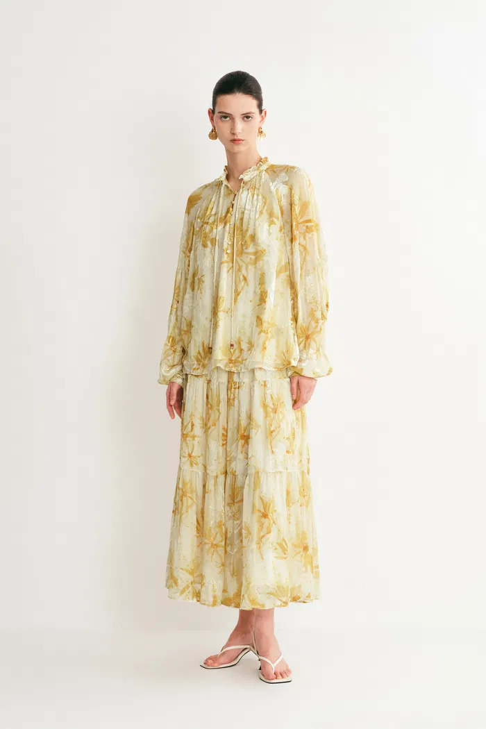Emery Semi Sheer Sleeve Blouse and Skirt Matching Set in Burnout Silk Georgette