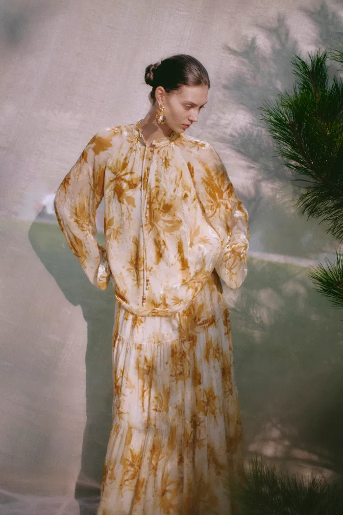 Emery Semi Sheer Sleeve Blouse and Skirt Matching Set in Burnout Silk Georgette