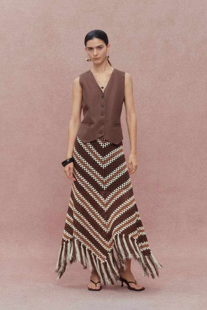Clara Hand Crochet Fringed Skirt in Cotton-Linen Tape Yarn