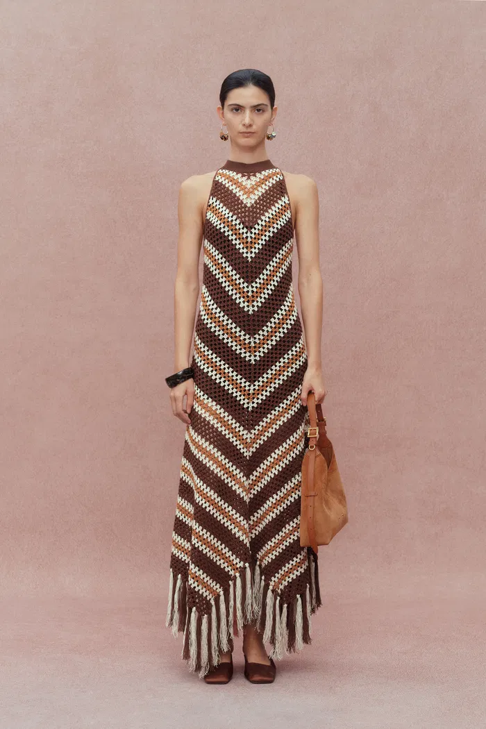 Franny Hand Crochet Striped Sleeveless Dress in Cotton-Linen Tape Yarn Knit