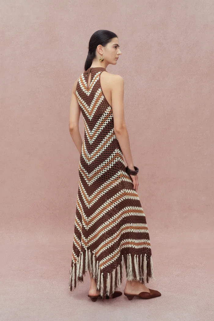 Franny Hand Crochet Striped Sleeveless Dress in Cotton-Linen Tape Yarn Knit