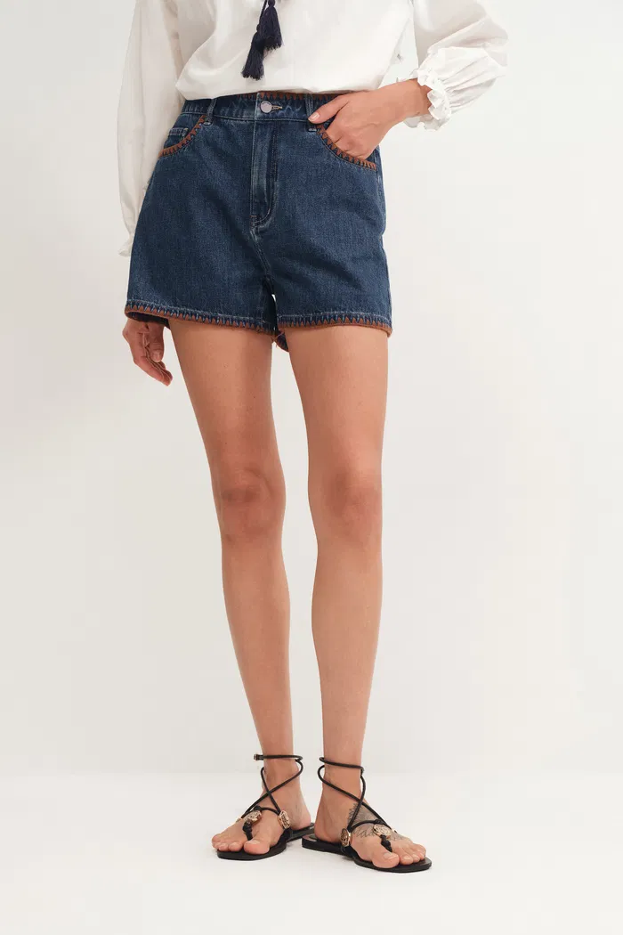Anja Hand Embroidered Shorts in Cotton Denim
