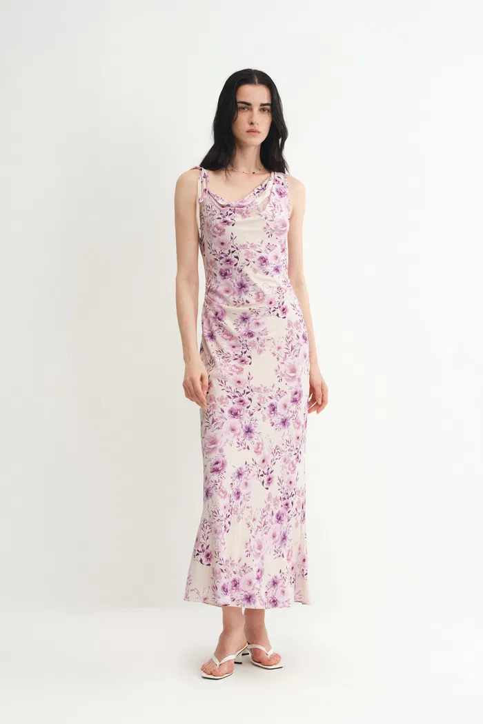 Alice Asymmetrical Cowl Neck Flora Dress in Mulberry Silk Crepe