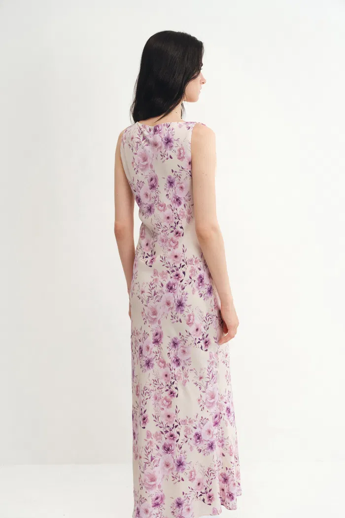 Alice Asymmetrical Cowl Neck Flora Dress in Mulberry Silk Crepe