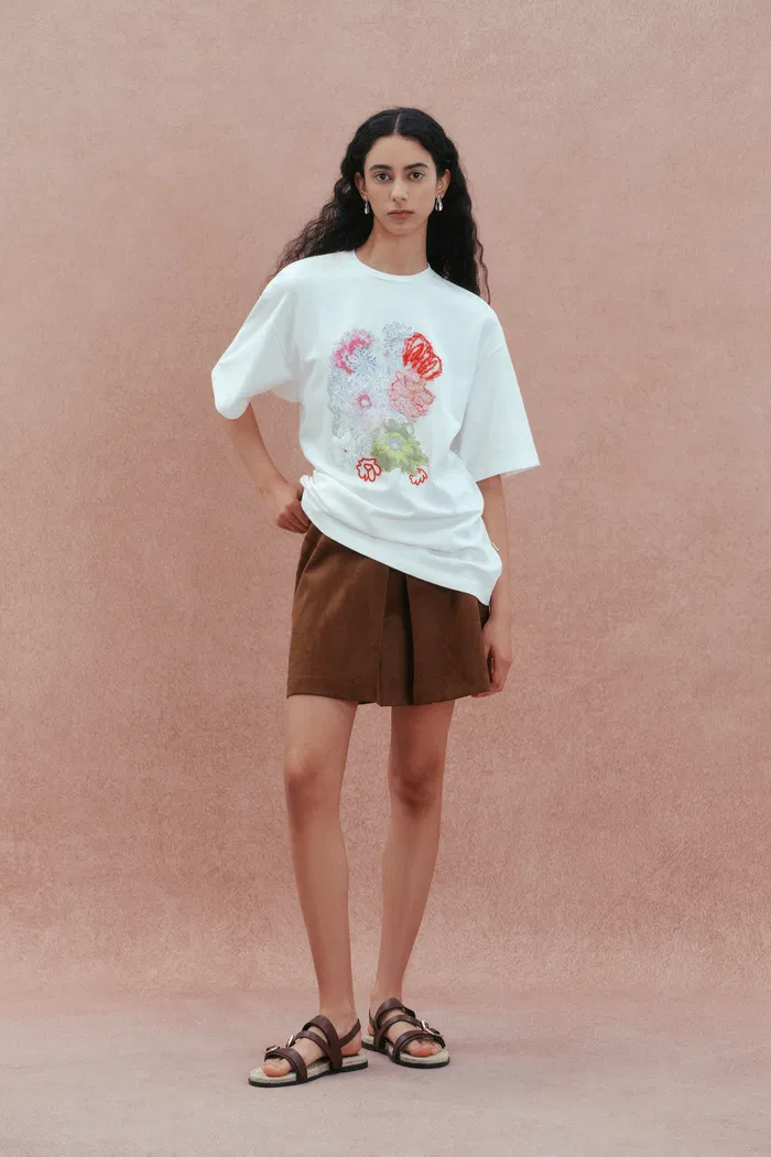 Cutie Flora Print and Embroidery T-Shirt in Cotton Jersey