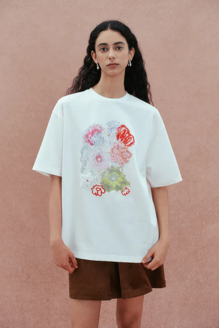 Cutie Flora Print and Embroidery T-Shirt in Cotton Jersey