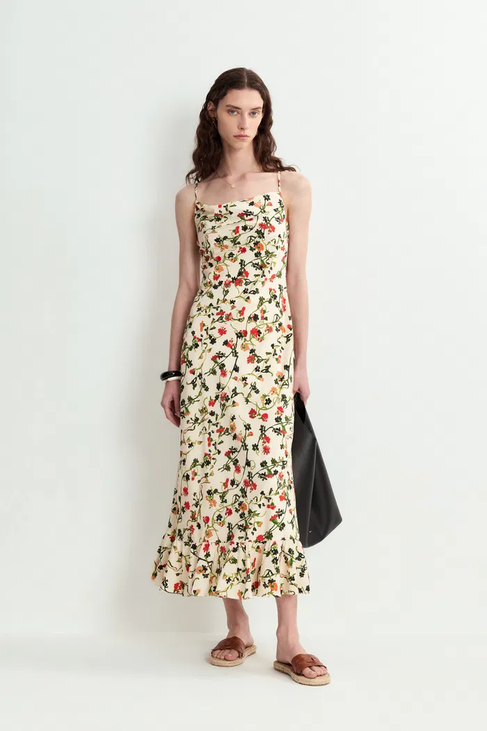 Valentina Rose Vine Ruched Strap Midi Dress Matte Silk Crepe