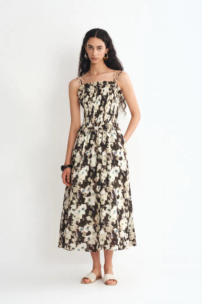 Valentina Floral Print Smocked Strap Dress in Silk-Linen