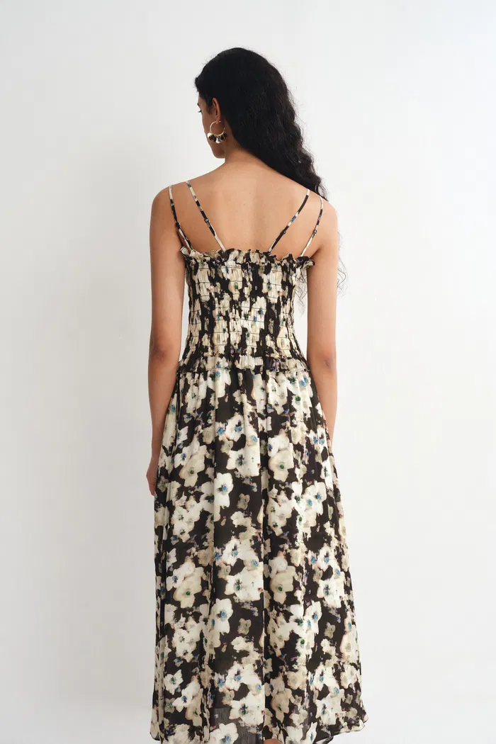 Valentina Floral Print Smocked Strap Dress in Silk-Linen