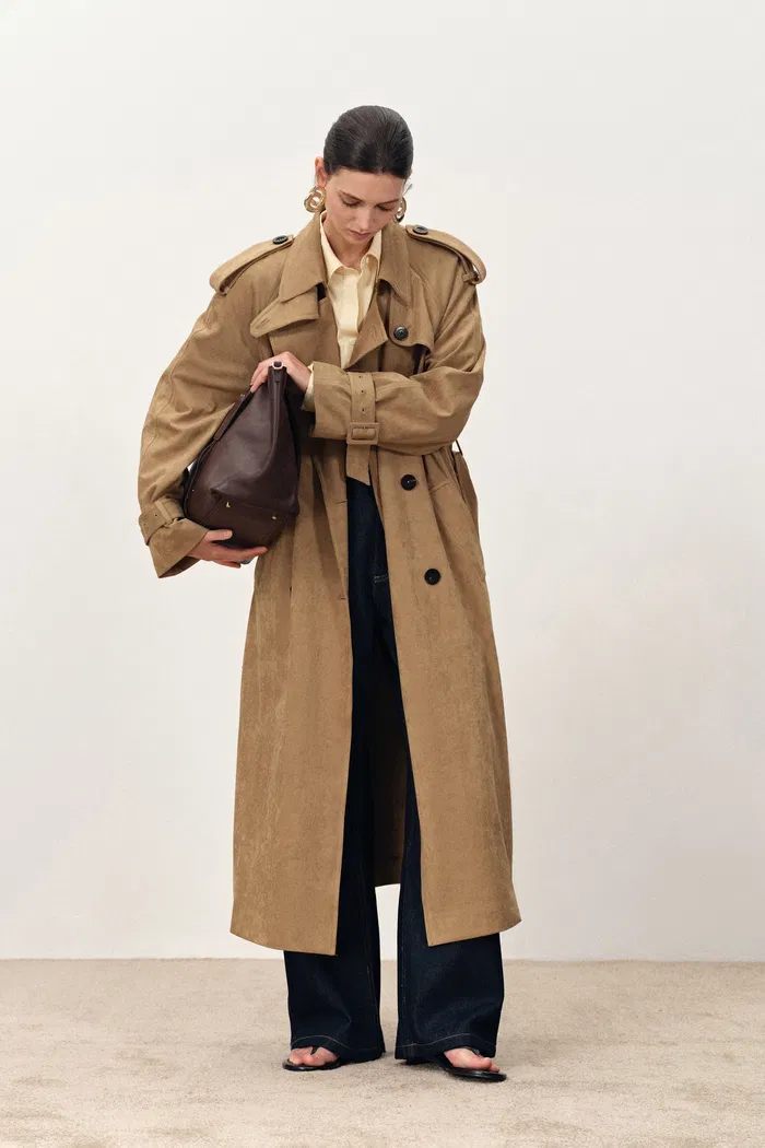 Astrid  Detachable Epaulette Trench Coat in Faux Suede
