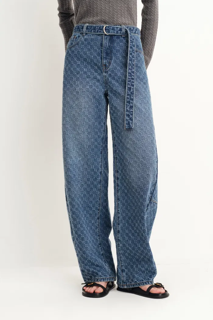Skylar Belted Textured Gradient Jeans in Jacquard Cotton Denim