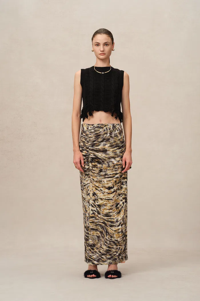 Brielle Pleated Slit Skirt in High-Stretch Knit