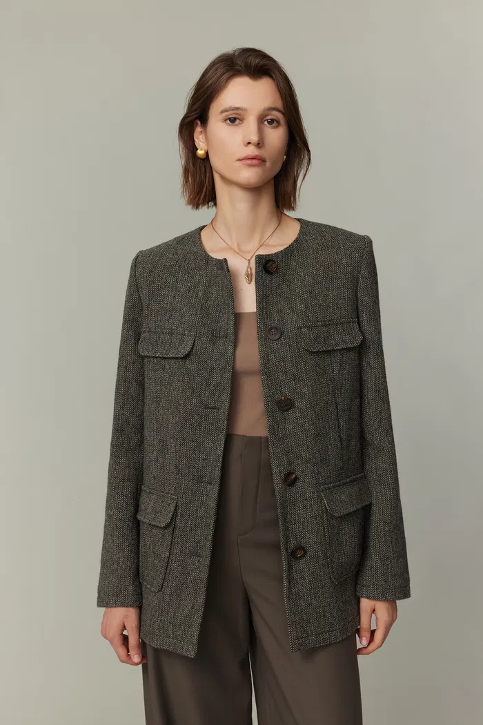 Lyudmila Safari Pockets Blazer in Wool Herringbone
