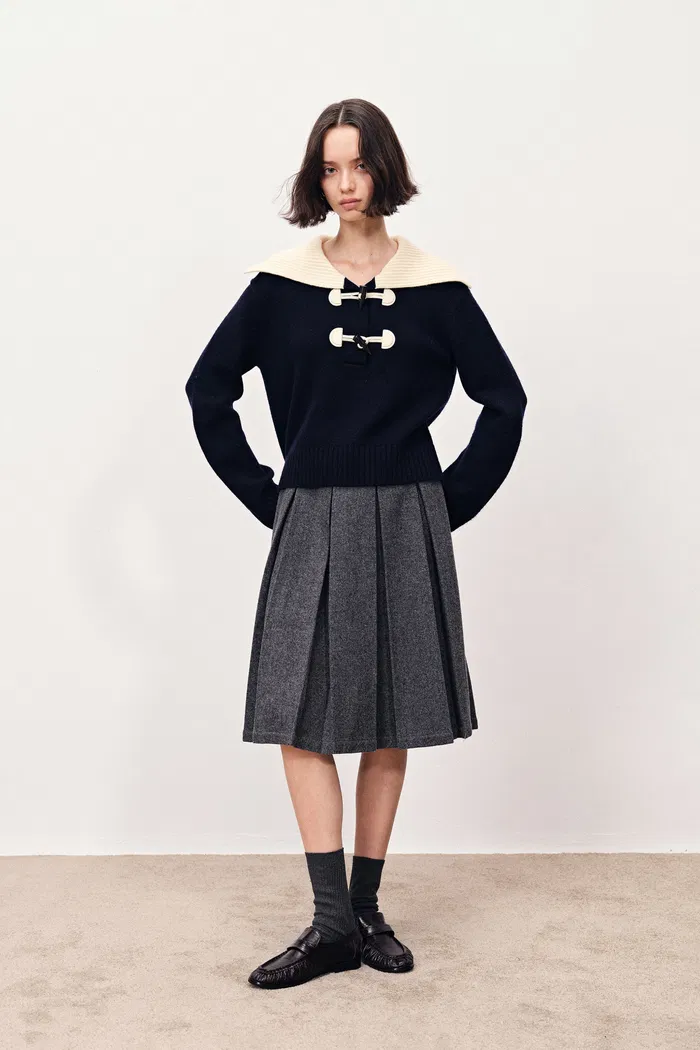 Lena Lapel Leather Duffle Sweater in Chunky Merino Wool