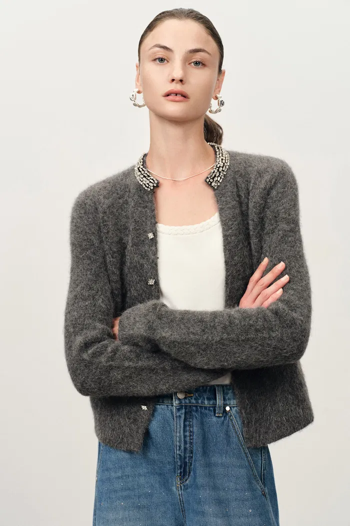 Jinelle Embellished Collar Cardigan in Alpaca Blend Knit